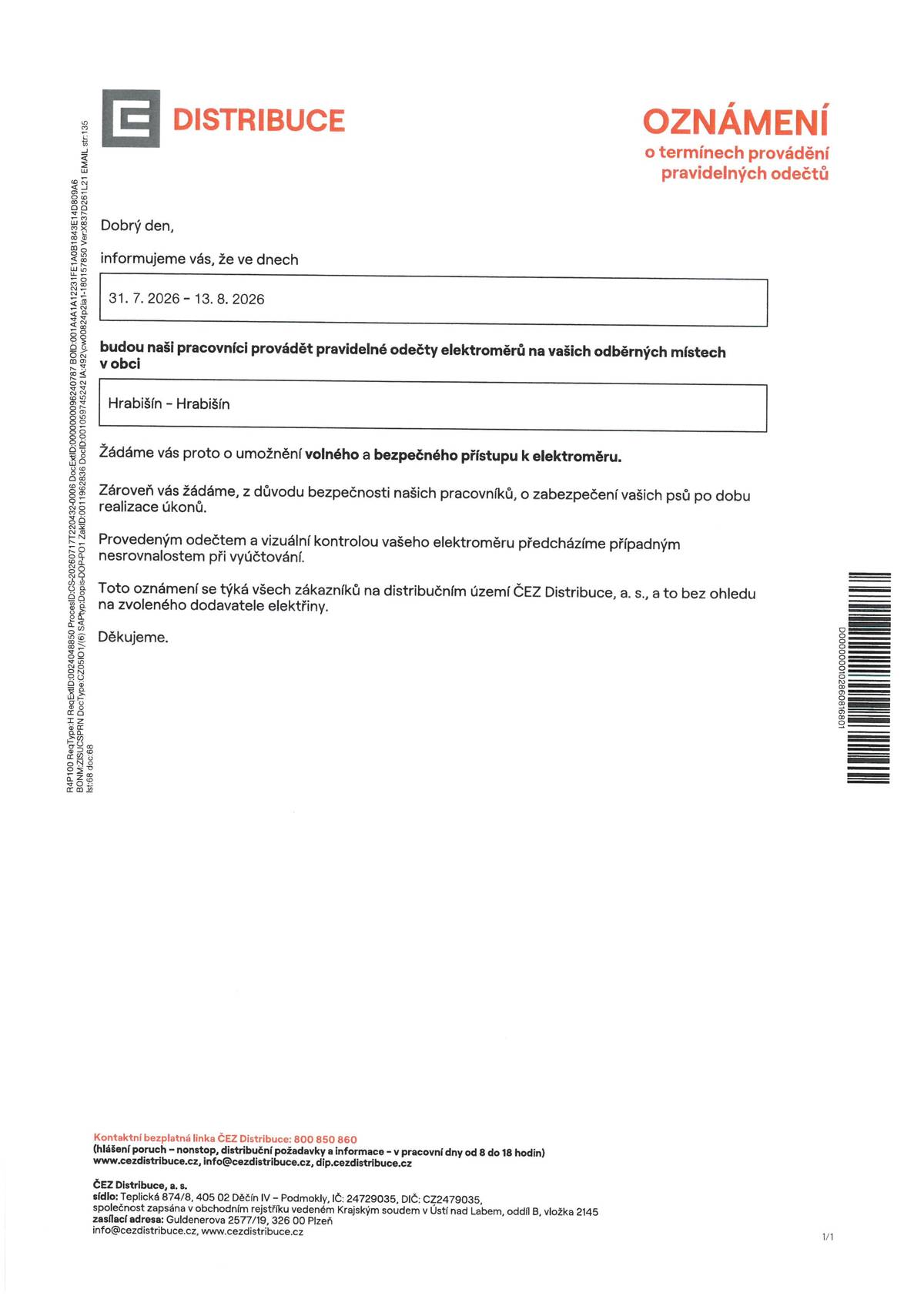 ČEZ Distribuce - oznámení o termínech provádění pravidelných odečtů