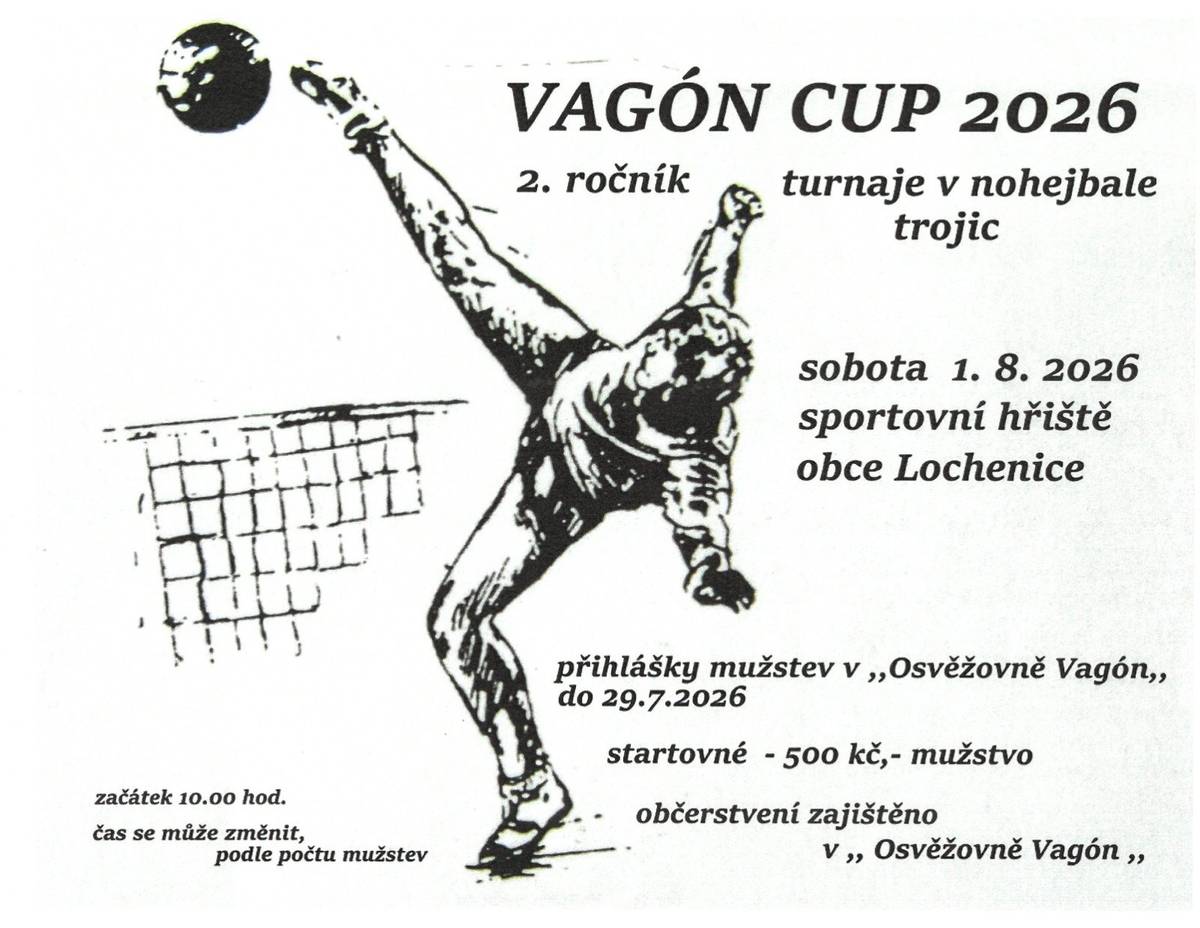 Osvěžovna Vagon pořádá dne 1.8.2026 od 10,00 nohejbalový turnaj.