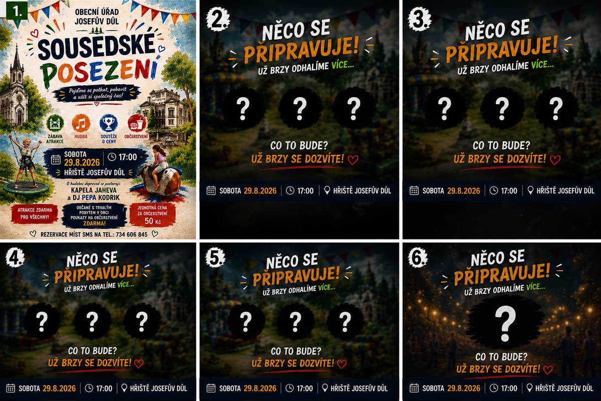 Sousedské posezení v Josefově Dole se blíží!     Už v sobotu 29. srpna 2026 od 17:00 se společně sejdeme na hřišti v Josefově Dole. Čeká nás odpoledne plné zábavy, hudby, dobrého jídla a skvělé atmosféry.     Postupně vám budeme odhalovat, co všechno jsme pro vás připravili.   Sledujte naši stránku – v následujících dnech se dozvíte více.     Rezervace stolů pomocí SMS na tel. 734 606 845
