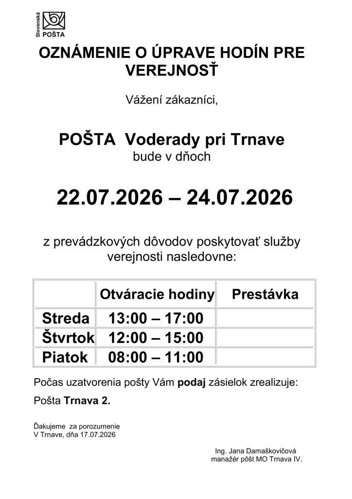 Oznámenie o úprave hodín pošty v termíne od 22.7. do 24. 7. 2026