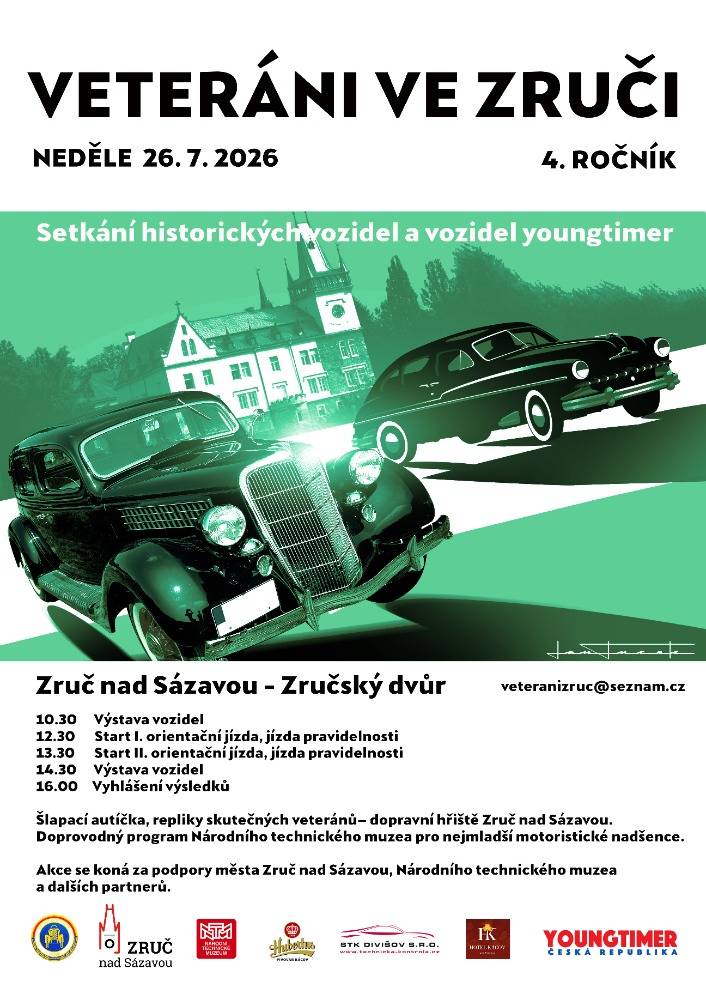 Výstava vozidel ve Zručském dvoře.  Na dětském hřišti budou pro děti k vyzkoušení repliky skutečných veteránů od 12-15 hodin.