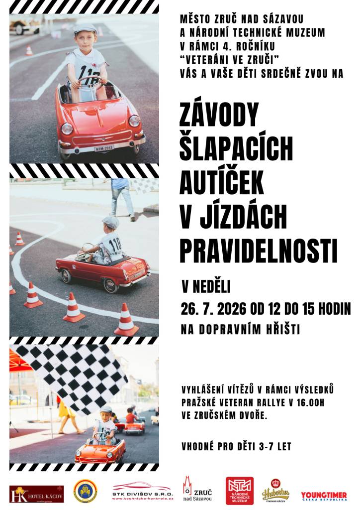 Město Zruč nad Sázavou a Národní technické muzeum v rámci 4. ročníku "Veteráni ve Zruči" vás a vaše děti srdečně zvou na závody šlapacích autíček v jízdách pravidelnosti 26.7. 2024 od 12:00 - 15:00 hod. na dopravním hřišti.
