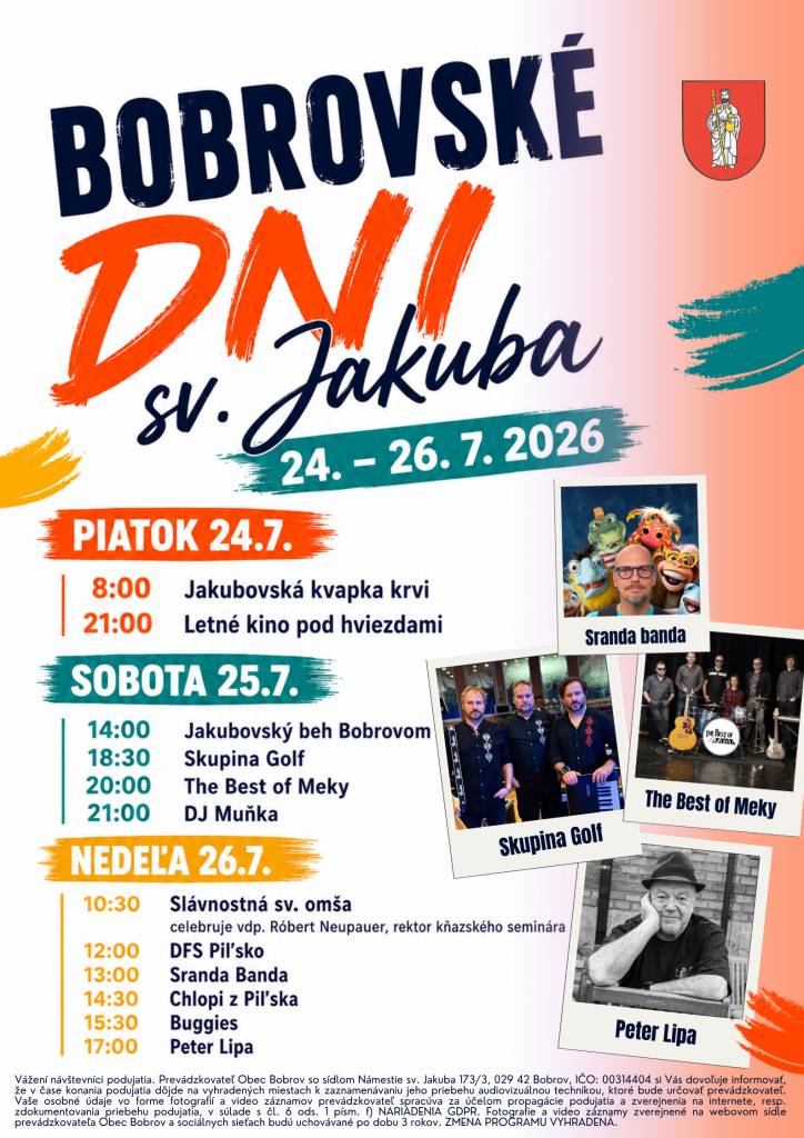Obec Bobrov spolu s ďalšími organizátormi Vás pozýva na Bobrovské dni sv. Jakuba, ktoré sa uskutočnia od 24. do 26. júla 2026.