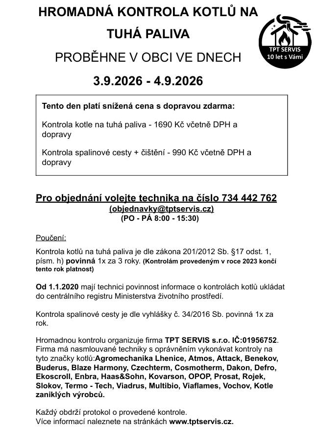Hromadná kontrola kotlů na tuhá paliva 3.9. a 4.9.2026
