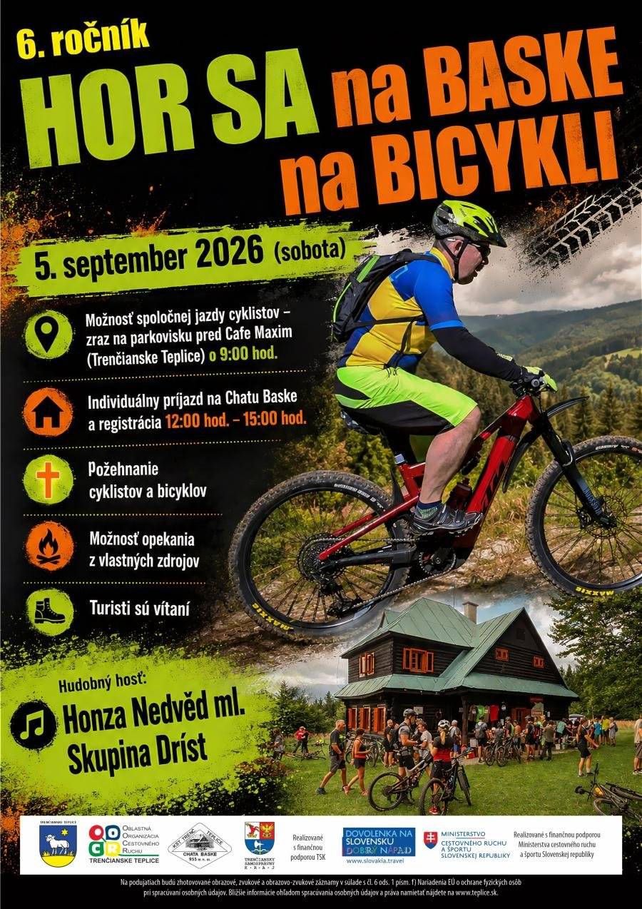 Pridajte sa k nám na 6. ročníku obľúbeného cyklistického podujatia, ktoré spojí šport, prírodu a skvelú atmosféru! 📅 Sobota | 5. september 2026 Program podujatia: 🚴 9:00 – spoločná jazda cyklistov (zraz na parkovisku pred Cafe Maxim v Trenčianskych Tepliciach) 🏡 12:00 – 15:00 – individuálny príchod a registrácia na Chate Baske 🙏 Požehnanie cyklistov a bicyklov 🔥 Možnosť opekania z vlastných zásob 🥾 Turisti sú srdečne vítaní 🎶 O skvelú náladu sa postará hudobný hosť: 🎤 Honza Nedvěd ml. 🎸 Skupina Dríst 📍 Chata Baske Či už prídete na horskom, cestnom alebo elektrobicykli, alebo sa vyberiete na Baske pešo, čaká vás deň plný pohybu, príjemných stretnutí a krásnej prírody Považského Inovca. Tešíme sa na spoločné kilometre aj pohodové popoludnie na Baske! 💚
