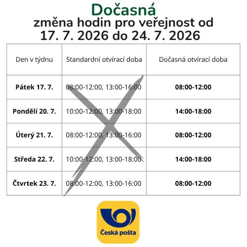 Připomínáme informaci České pošty o dočasné změně otevírací doby. Změna potrvá ještě do čtvrtka 23. července 2026. Pošta bude otevřena v následujících časech: 📮 Pondělí a středa: 14:00-18:00 📮 Úterý a čtvrtek: 08:00-12:00 Od pátku 24. července 2026 bude pošta opět fungovat v běžné otevírací době. Děkujeme za pochopení.