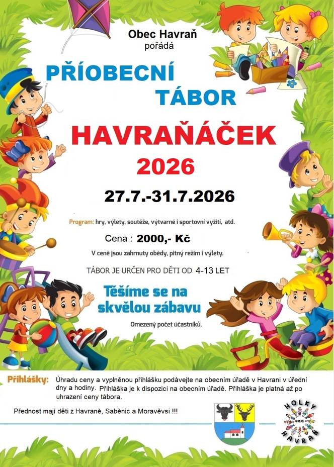Informujeme občany, že i letos se uskuteční oblíbený příměstský tábor pro děti ve věku od 4 do 13 let. Připraven je pestrý a zábavný program plný her, dobrodružství a nezapomenutelných zážitků.
