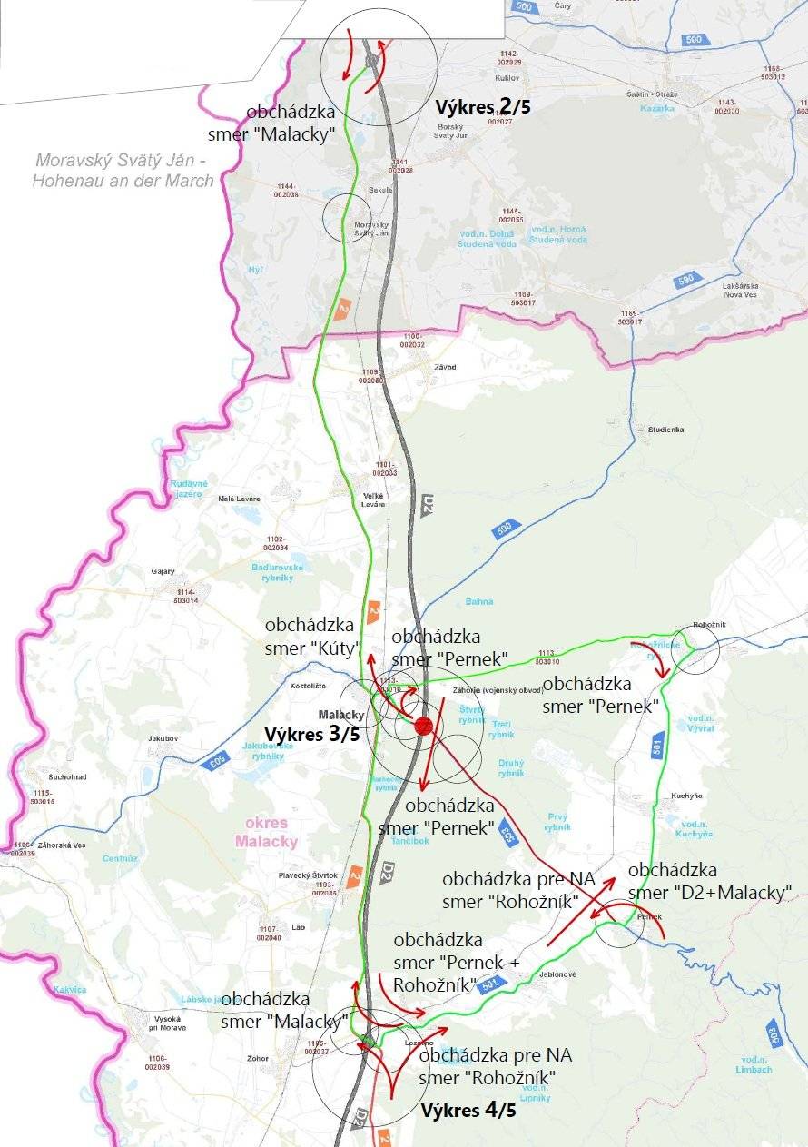1. Etapa: Úplná uzávera vetiev diaľničnej križovatky Termín: Od 24. 07. 2026 (piatok) od 20:00 h do 02. 08. 2026 (nedeľa) do 23:59 h Rozsah obmedzenia: Úplná uzávera odbočovacích a pripájacích pruhov diaľničnej križovatky Malacky (vjazd aj výjazd z/na diaľnicu D2 v oboch smeroch). Premávka v priamych jazdných pruhoch diaľnice D2 ostáva bez obmedzenia. Obchádzkové trasy a značenie: Obchádzkové trasy pre obchádzanie uzavretej križovatky budú plne a prehľadne vyznačené dočasným dopravným značením osadeným na celej dĺžke trasy.   2. Etapa: Sanácia a dokončovacie práce Termín: Od 03. 08. 2026 (pondelok) od 00:01 h do 03. 09. 2026 (štvrtok) do 23:59 h Rozsah obmedzenia: Pokračovanie sanačných prác s lokálnym obmedzením premávky vyznačeným dočasným dopravným značením na diaľnici D2 (pripojenia a výjazdy budú v tejto etape opäť prejazdné). Správa ciest Bratislavského samosprávneho kraja
