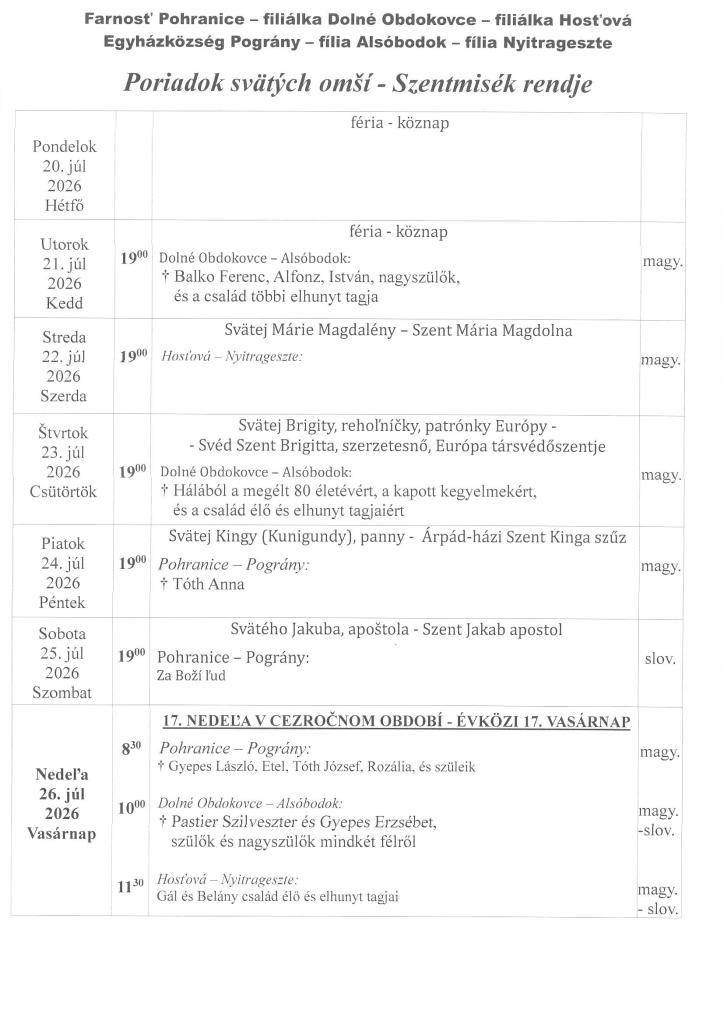 Oznamy fary - Plébániai hirdetések