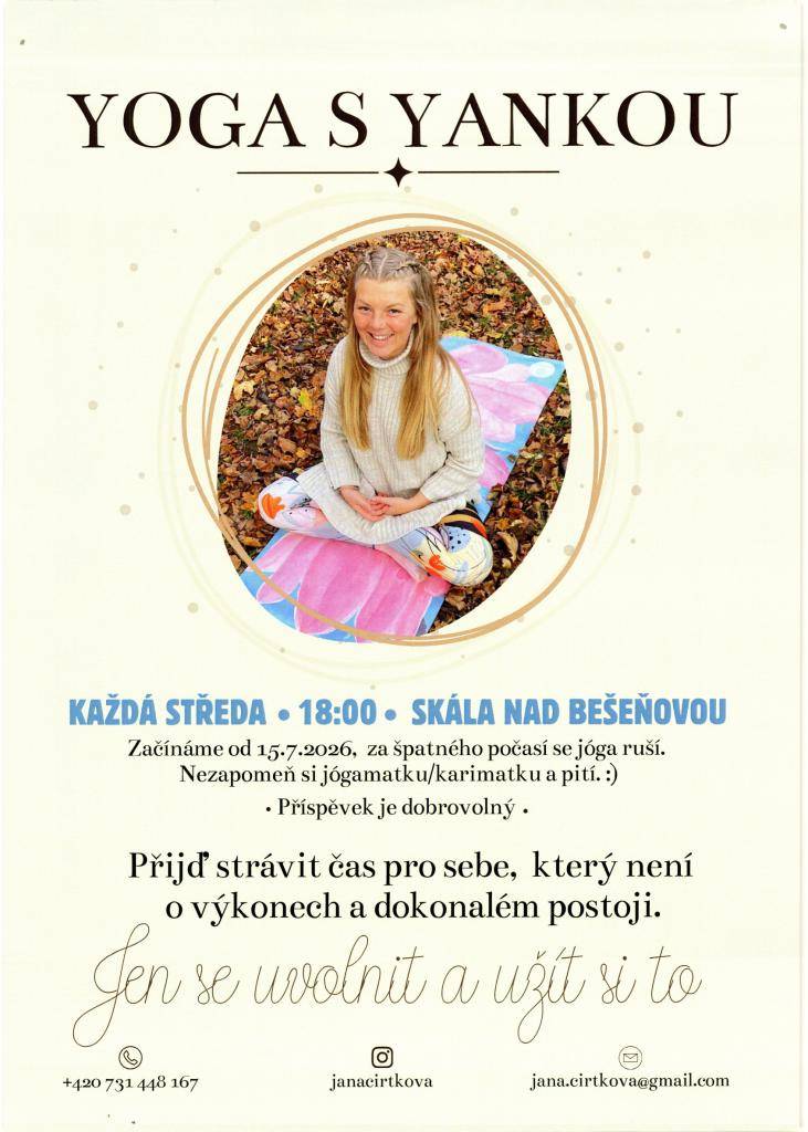 Milí občania ste priaznivcami jógy?Tak máme pre Vás dobrú správu.Každú stredu o 18:00 sa koná cvičenie jógy s Jankou pod Bešeňovskou skalou na lúke, všetci ste vítaní. Stačí si zobrať podložku na cvičenie, vodu a dobrú náladu.   Príspevok je dobrovoľný.  V prípade nepriaznivého počasia sa jóga ruší