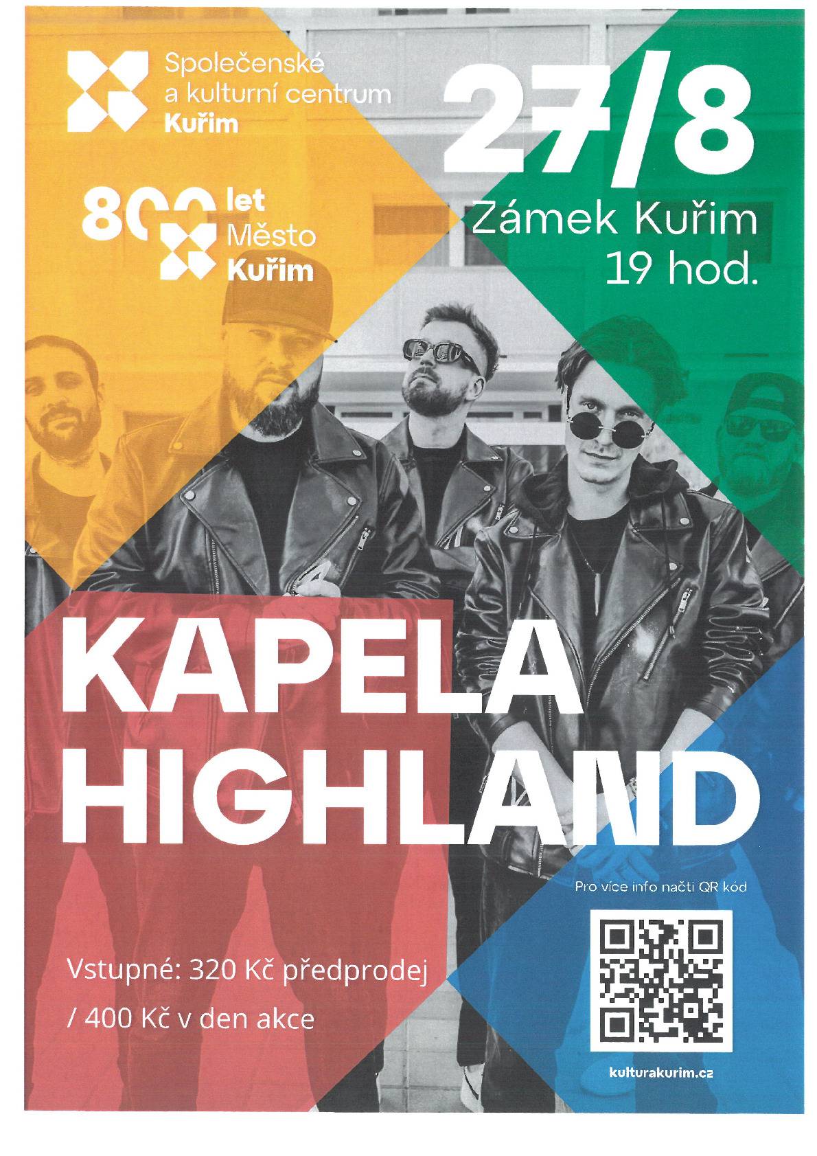 Společenské a kulturní centrum pořádá 27. července 2026 od 19 hod. koncert kapely Highland na zámku v Kuřimi.