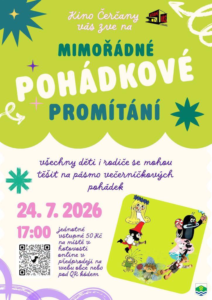 Promítání pásma večerníčkových pohádek v čerčanském kině proběhne 24.7. od 17 hodin. Jednotné vstupné 50 Kč.