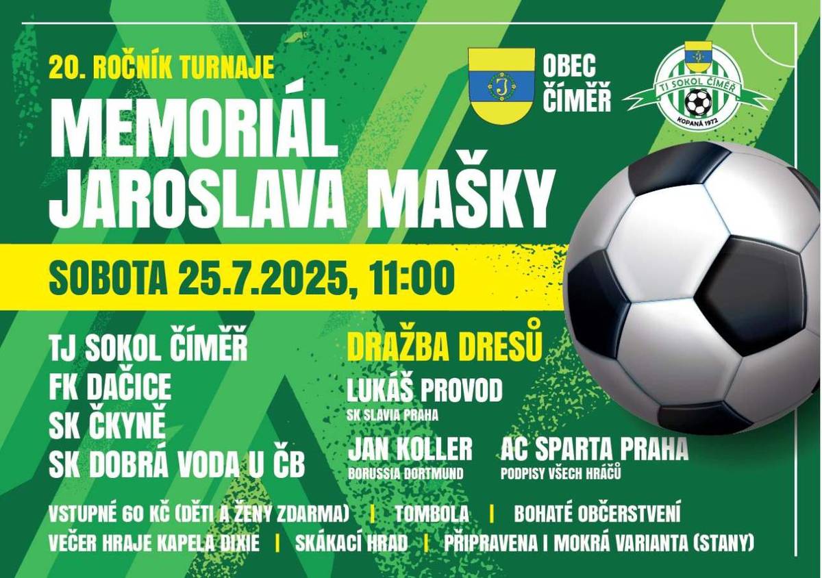 V sobotu 25. 7. 2026 se od 11:00 hod bude konat již 20. ročník tradičního turnaje - Memoriál Jaroslava Mašky.  Můžete se těšit na fotbal, bohatou tombolu, občerstvení, skákací hrad a večerní zábavu.  Všichni jste srdečně zváni!