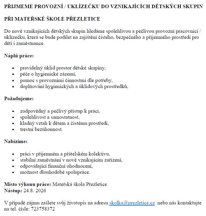 pozice PROVOZNÍ/ ÚKLID.