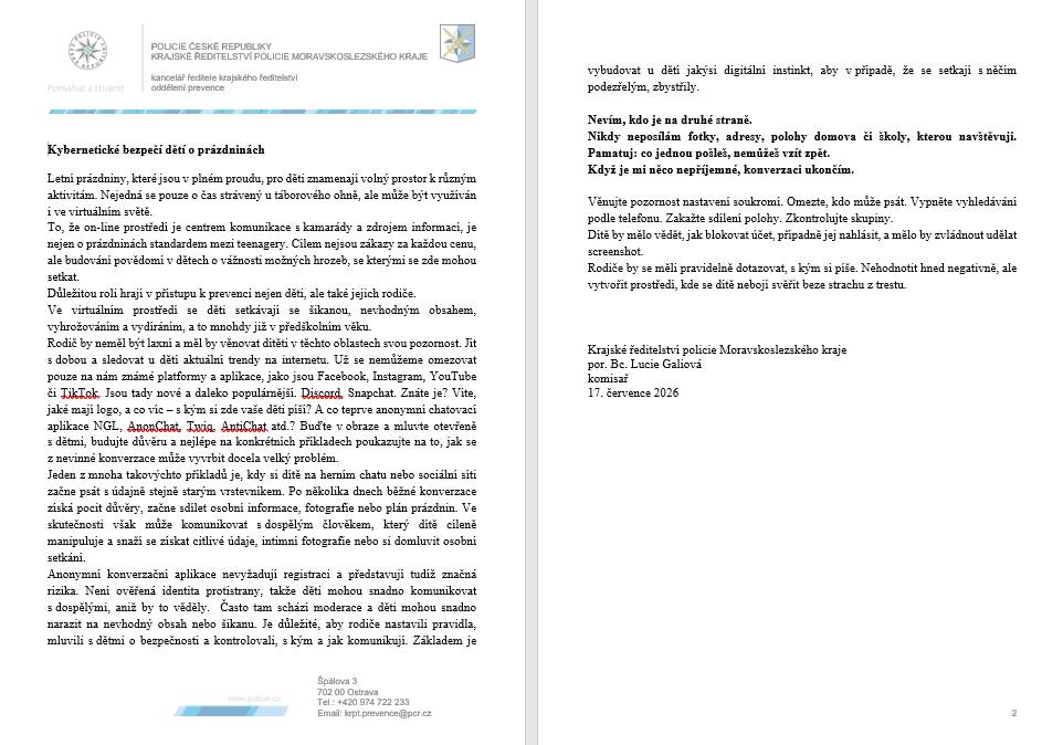 Kyberkriminalita u dětí na sítích a praktická doporučení pro rodiče i děti, jak se na internetu pohybovat bezpečně, rozpoznat varovné signály a správně reagovat v rizikových situacích.