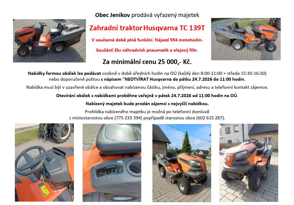 Obec Jeníkov prodává vyřazený majetek Zahradní traktor Husqvarna TC 139T.