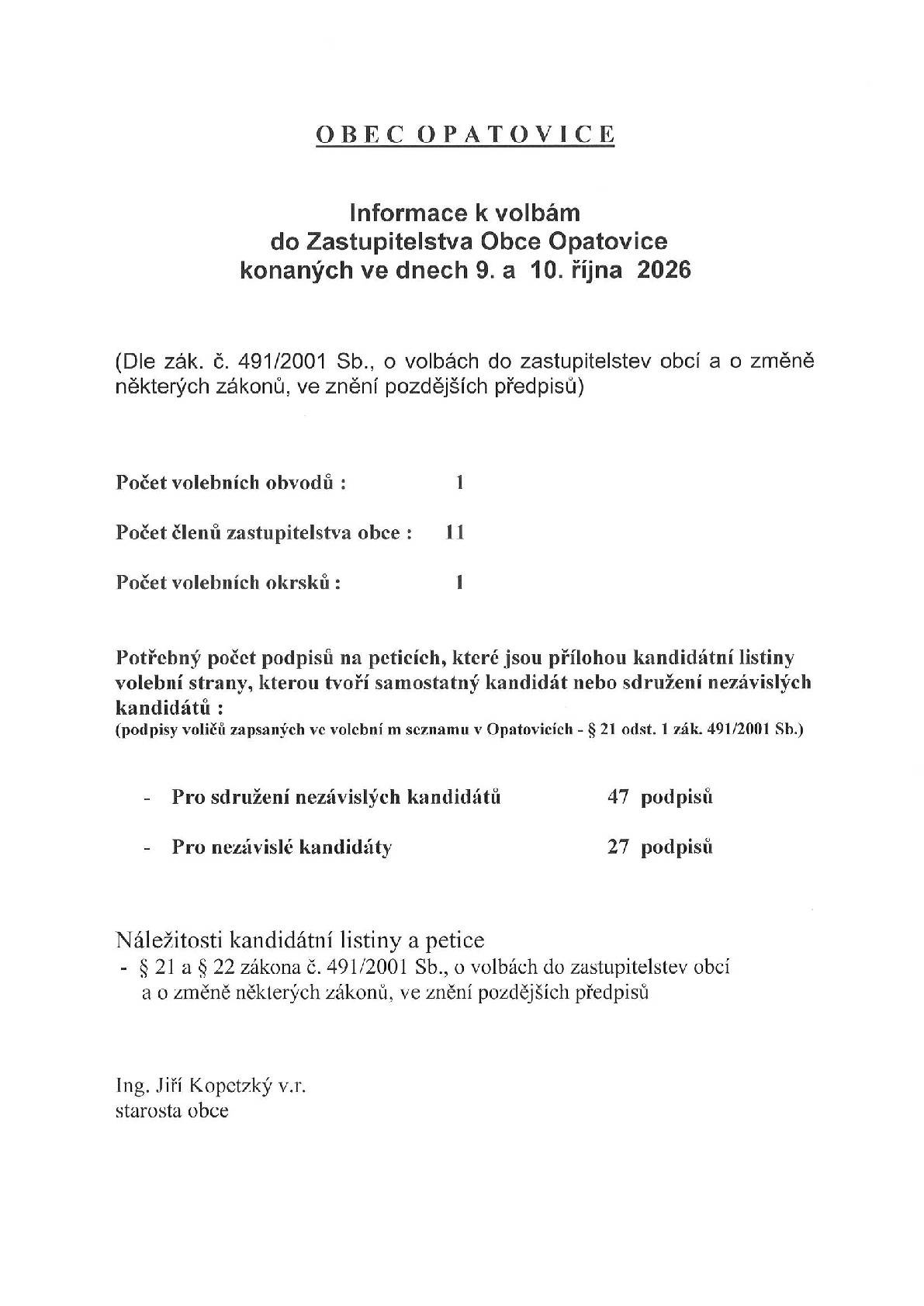 Informace k volbám do Zastupitelstva obce Opatovice konaných ve dnech 9. a 10.října 2026