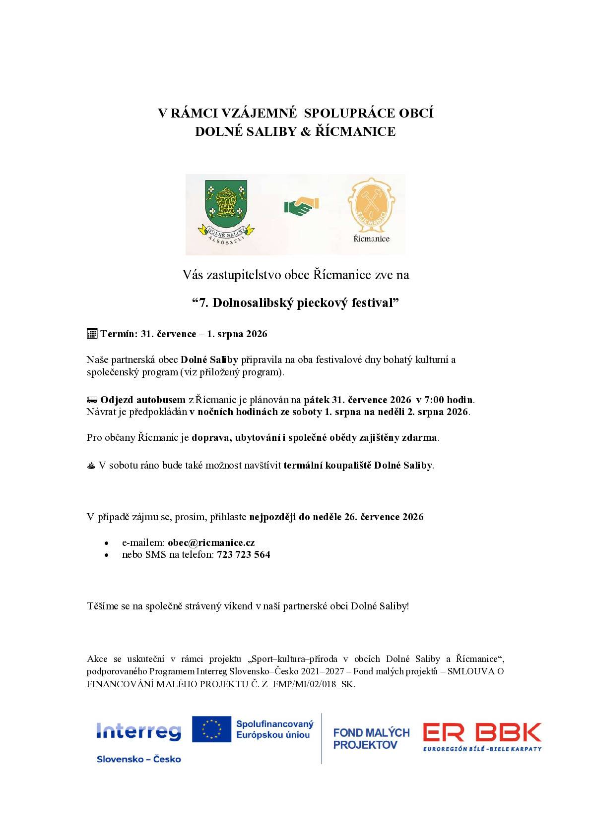 Pozvánka na zájezd do partnerské obce Dolné Saliby.