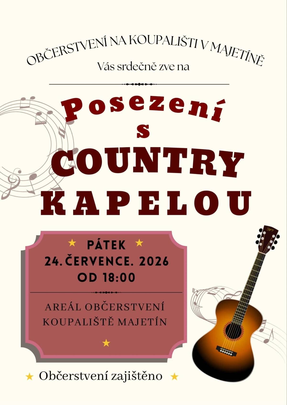 Kiosek na koupališti v Majetíně Vás srdečně zve na hudební večer s country kapelou rodiny Hladkých 🤠🎸 📅 Pátek 24. 7. 2026 🕕 Od 18.00 hodin Čeká Vás příjemný letní večer plný skvělé country muziky, dobrého jídla a dostatku pití. Přijďte si posedět, pobavit se a užít si pohodovou atmosféru s přáteli i rodinou. Těšíme se na Vaši návštěvu!
