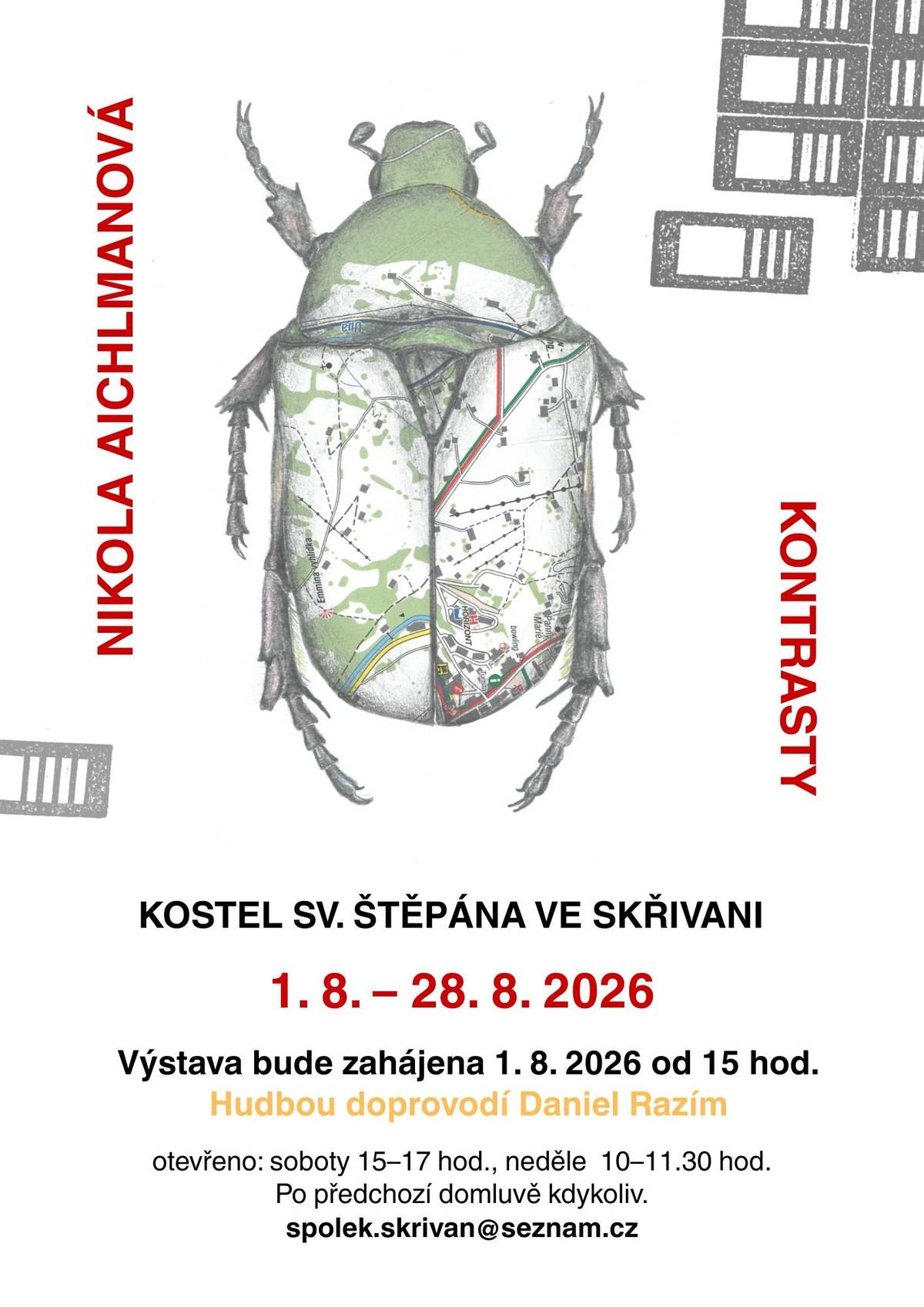 Spolek Skřivaň Vás zve na výstavu Kontrasty - Nikola Aichlmanová, do kostela sv. Štěpána ve Skřivani, zahájení 1.8.2026 od 15:00 hod.