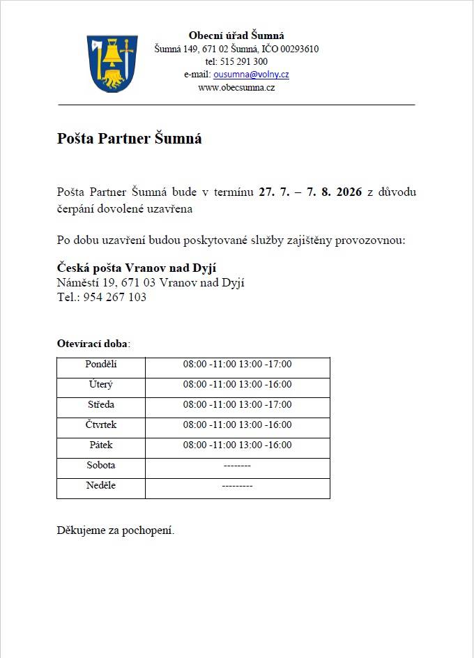Pošta Partner uzavření 27.7.2026 - 7.8.2026