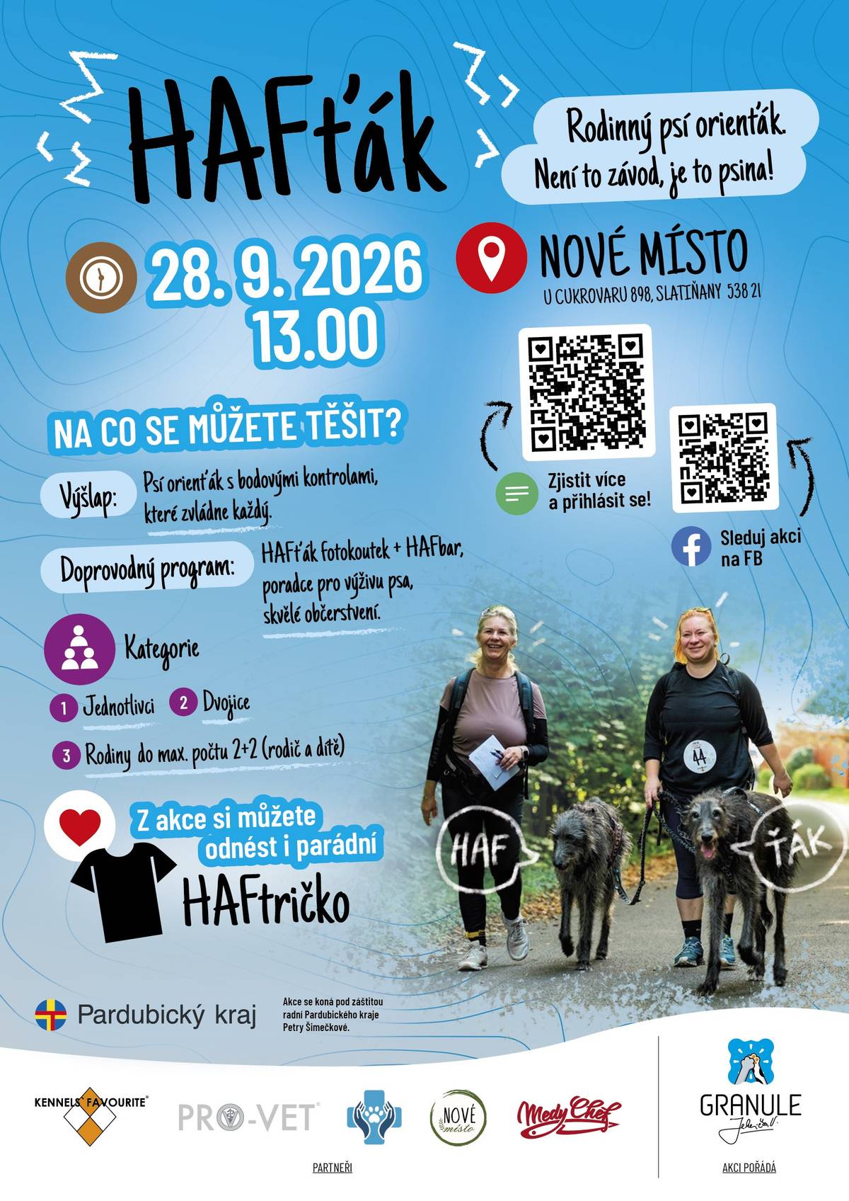 Není to závod, je to psina! Přijďte si užít parádní den se svým čtyřnohým parťákem.   Kdy: 28. 9. 2026 od 13:00.   Kde: Nové místo U Cukrovaru 898, Slatiňany 538 21.   Na co se můžete těšit?   Výšlap: Psí orienták s bodovými kontrolami, který zvládne úplně každý.   Doprovodný program: Poradce pro výživu psa.   Zábava a zázemí: HAFťák fotokoutek, HAFbar a skvělé občerstvení.   Suvenýr: Možnost odnést si z akce parádní HAFtričko.   Kategorie:   1️⃣ Jednotlivci   2️⃣ Dvojice   3️⃣ Rodiny (max. počet 2 dospělí + 2 děti)   Akce se koná pod záštitou radní Pardubického kraje Petry Šimečkové. 📲 Chcete vědět víc a přihlásit se? Naskenujte QR kód na plakátu!