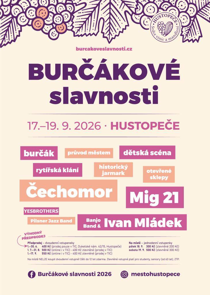 V Hustopečích se od 17. do 19. září 2026 uskuteční Burčákové slavnosti. Návštěvníci se mohou těšit na historický jarmark a bohatý kulturní program.