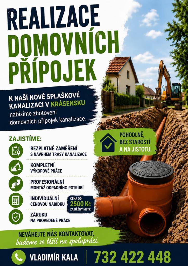 Vladimír Kala nabízí zhotovení domovních přípojek k nové splaškové kanalizaci. Zajišťuje bezplatné zaměření s návrhem trasy, kompletní výkopové práce a profesionální montáž odpadního potrubí.