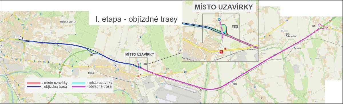 Jíž od dnešního dne probíhá plánované dopravním omezení na exitu 54 dálnice D48 u obce Dobrá. Jedná se o exit, který je mj. využíván k příjezdu do průmyslové zóny v Nošovicích. Důvodem dopravního omezení je frézování povrchu a následná pokládky nového povrchu. Práce budou probíhat ve 2 etapách za úplné uzavírky s navedením na objízdné trasy. Rozsah uzavírky, vč. objízdných tras v příloze. V souvislosti s touto uzavírkou dojde i k dotčení autobusových linek zajišťujících mj. dopravu zaměstnanců do průmyslové zóny, protože autobusy budou využívat objízdné trasy. Termín: I. etapa:    20.7. - 26.7.2026  II. etapa:   27.7. - 1.8.2026