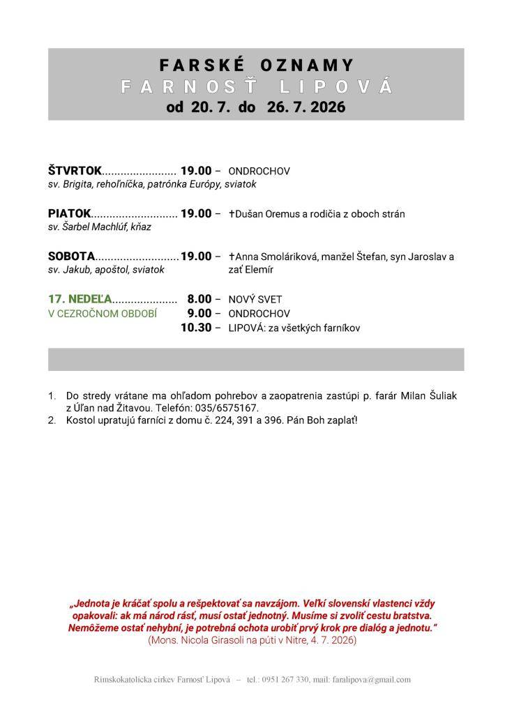 Poriadok bohoslužieb od 20.07. do 26.07.2026