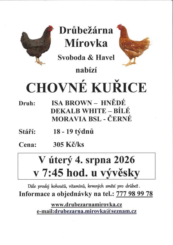 Drůbežárna Mírovka přijede prodávat chovné kuřice 4.8.2026 v 7:45 hod. Na Rynku, barva- hnědá, bílá, černá, stáří 18.-19.týdnů, cena 305,-Kč/kus. Informace a objednávky na tel.č. 777 98 99 78.