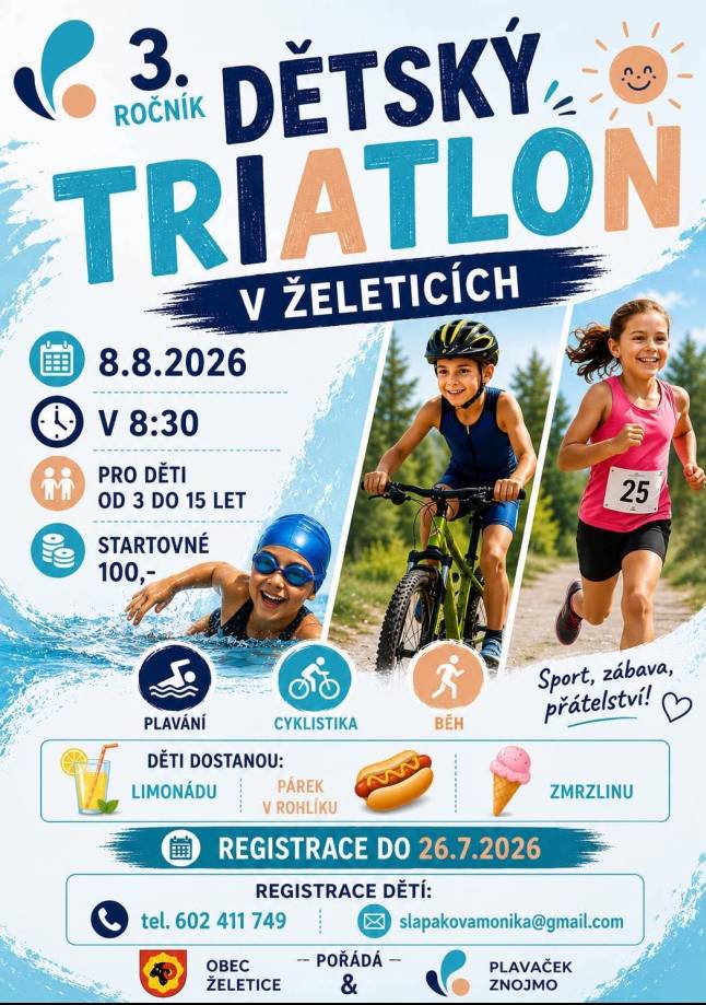 Dětský triatlon v Želeticích 8.8.2026 v 8:30