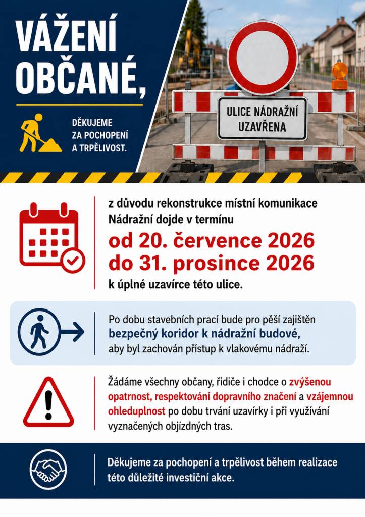 Z důvodu rekonstrukce místní komunikace Nádražní dojde v termínu od 20. července do 31. prosince 2026 k úplné uzavírce této ulice.