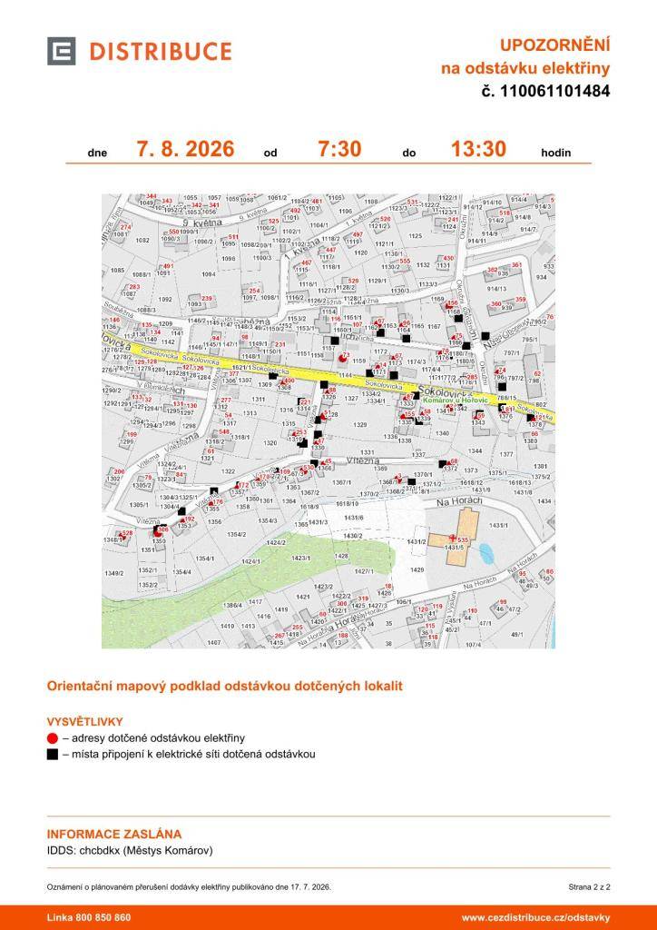 Pátek 7.8.2026 od 7:30 do 13:30, ulice Okružní, Sokolovická, Souběžná, Tichá, Vítězná.