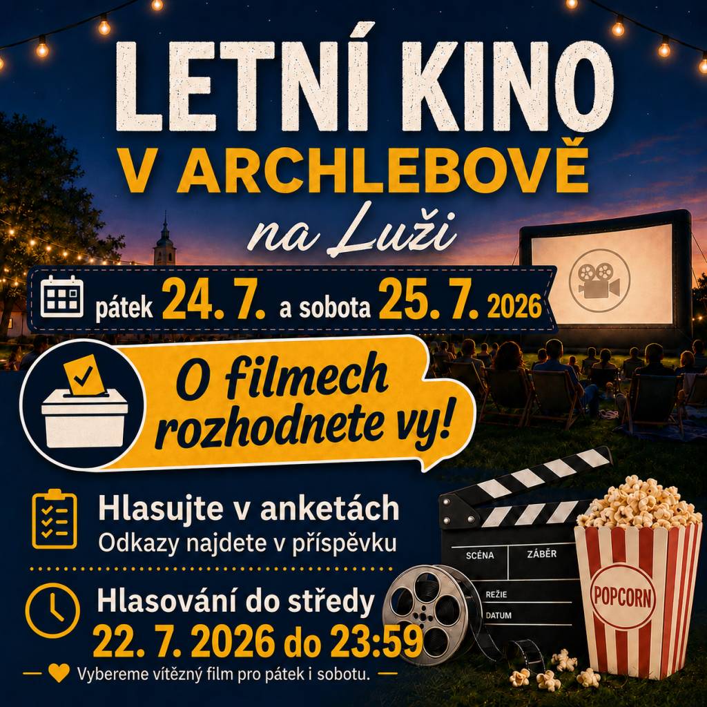 V pátek 24. a v sobotu 25. července 2026 se můžete těšit na letní kino na Luži. Začátky promítání cca ve 21:00 hod. O tom, které filmy budeme promítat, tentokrát rozhodnete vy!