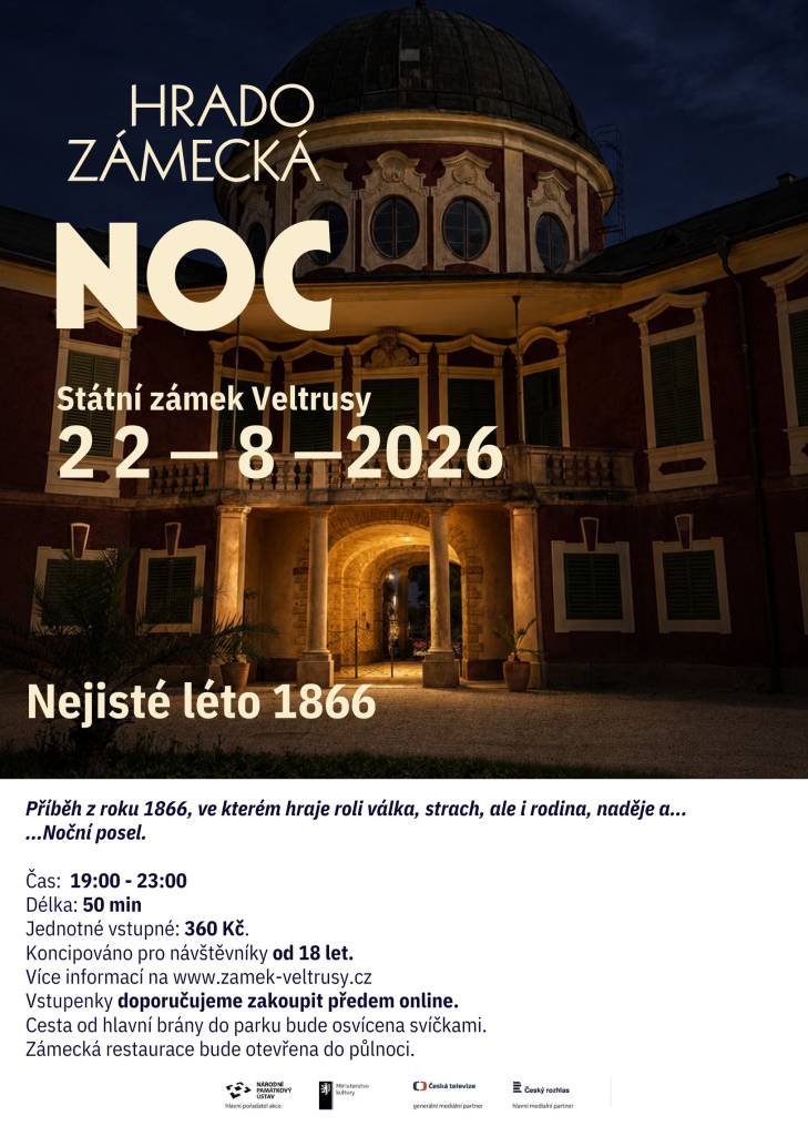 Večer 22. srpna 2026 se na Státním zámku Veltrusy uskuteční Hradozámecká noc. Návštěvníci se mohou těšit na komentované prohlídky a kulturní program, který zpestří atmosféru zámku.