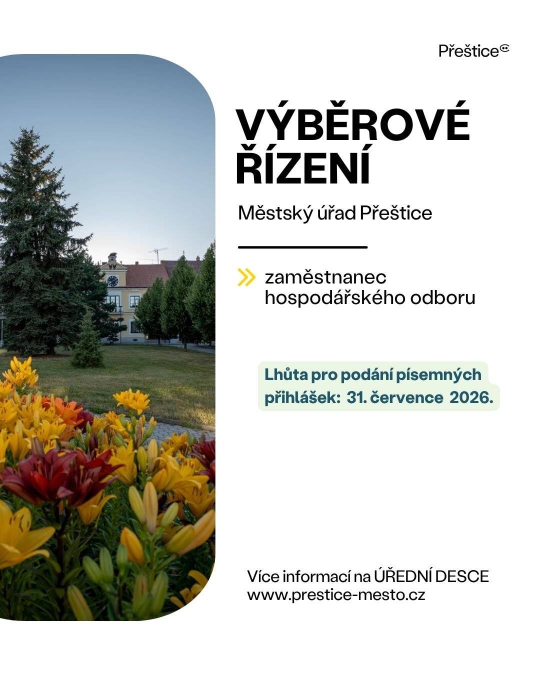 Hledáme nového kolegu - zaměstnance hospodářského odboru Co vás čeká? 🏛️ Správa a péče o majetek města 📋 Administrativní agenda hospodářského odboru 🤝 Spolupráce na zajištění chodu města a jeho služeb občanům Nabízíme stabilní zaměstnání ve veřejné správě, smysluplnou práci a možnost podílet se na rozvoji Přeštic.  📄 Podrobné informace o výběrovém řízení naleznete na úřední desce ZDE.