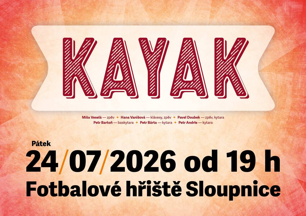 Skupina KAYAK zve veřejnost v pátek 24.7. od 19 hodin na fotbalové hřiště, kde zahrají svůj koncert.