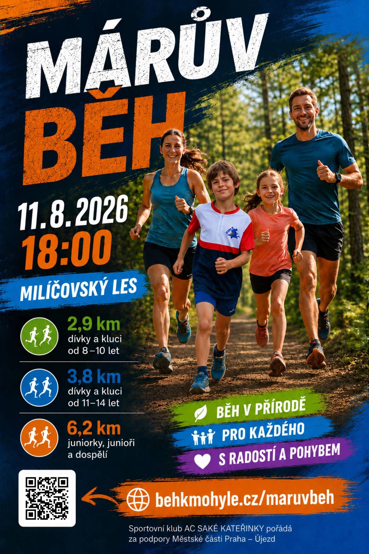 Sportovní klub AC SAKÉ KATEŘINKY za podpory městské části pořádá v úterý 11. srpna 2026 od 18.00 hodin v Milíčovském lese tradiční "Márův běh". Více informací a přihlášky na www.behkmohyle.cz/maruvbeh