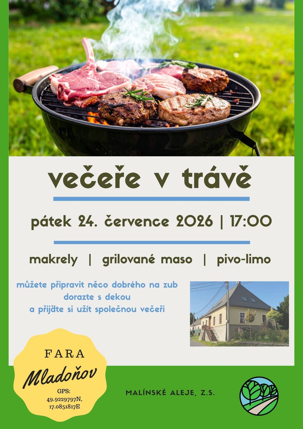 Spolek Malínské aleje srdečně zve na večeři v trávě na Faře v Mladoňově v pátek 24.7.2026.