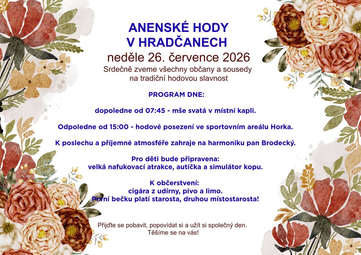 Zveme vás na tradiční nedělní posezení v našem sportovním areálu na Horce. Pro děti jsou připraveny zábavné atrakce, pro dospělé k poslechu a dobré náladě zahraje na harmoniku p. Brodecký. Občerstvení je zajištěno. První bečku piva platí starostka a druhou místostarosta.