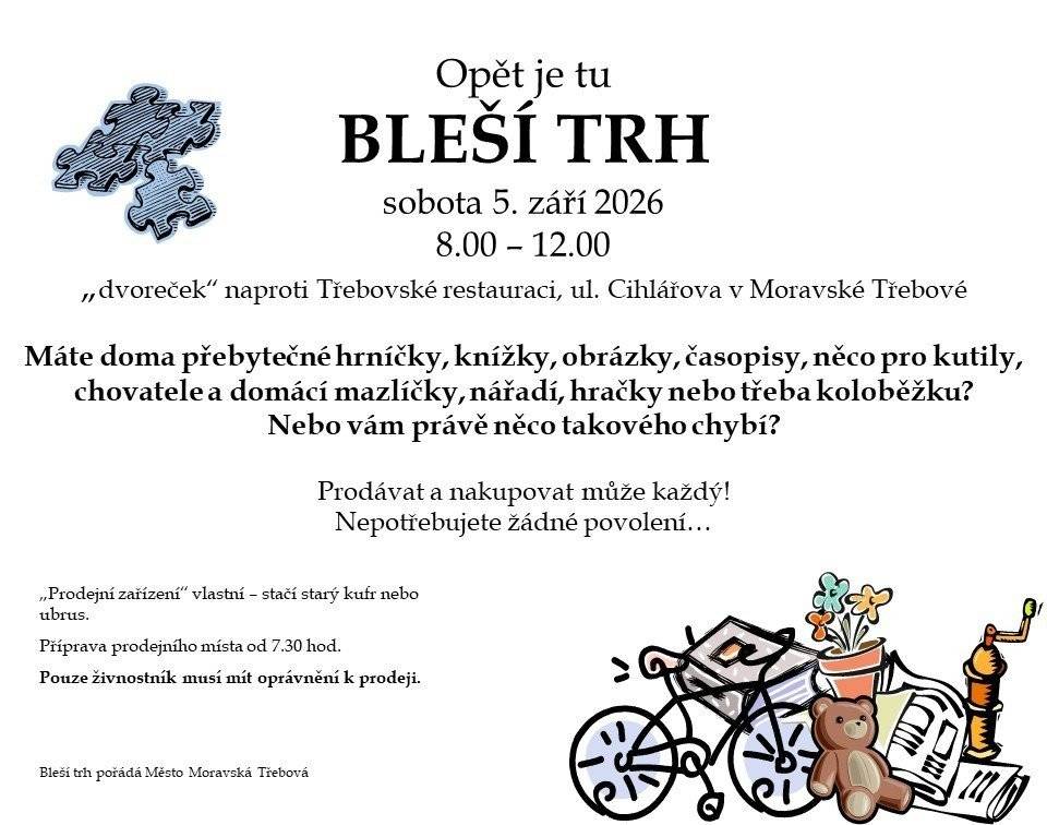 Také v letošním roce se můžete těšit na pozdní letní výhodné nákupy a objevování pokladů. Bleší trhy proběhnou v sobotu 5. září. Tradičně je najdete na dvorečku ul. Cihlářovy naproti Třebovské restauraci. Trhy budou přístupné vždy od 8:00 do 12:00 hodin. Přijďte, těšíme se na Vás.