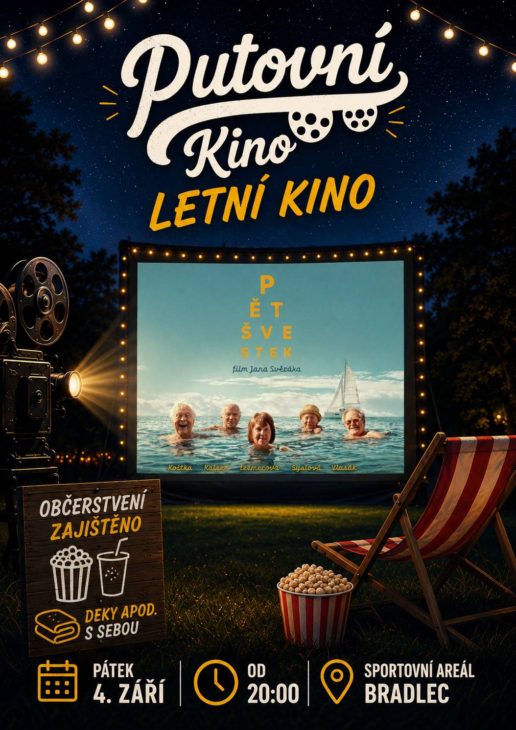 Do neděle 19. července bylo možné hlasovat o výběru filmu pro letošní letní kino ve sportovním areálu v Bradlci. Nyní vám přinášíme výsledky hlasování: Pět švestek - 41% Neporazitelní - 23% Když se zhasne -18% Bardotky - 11% Přání k narozeninám - Křtiny - 7% Děkujeme za hlasování a těšíme se na promítání výherního filmu, které se bude konat v pátek 4. září od 20:00 hod.