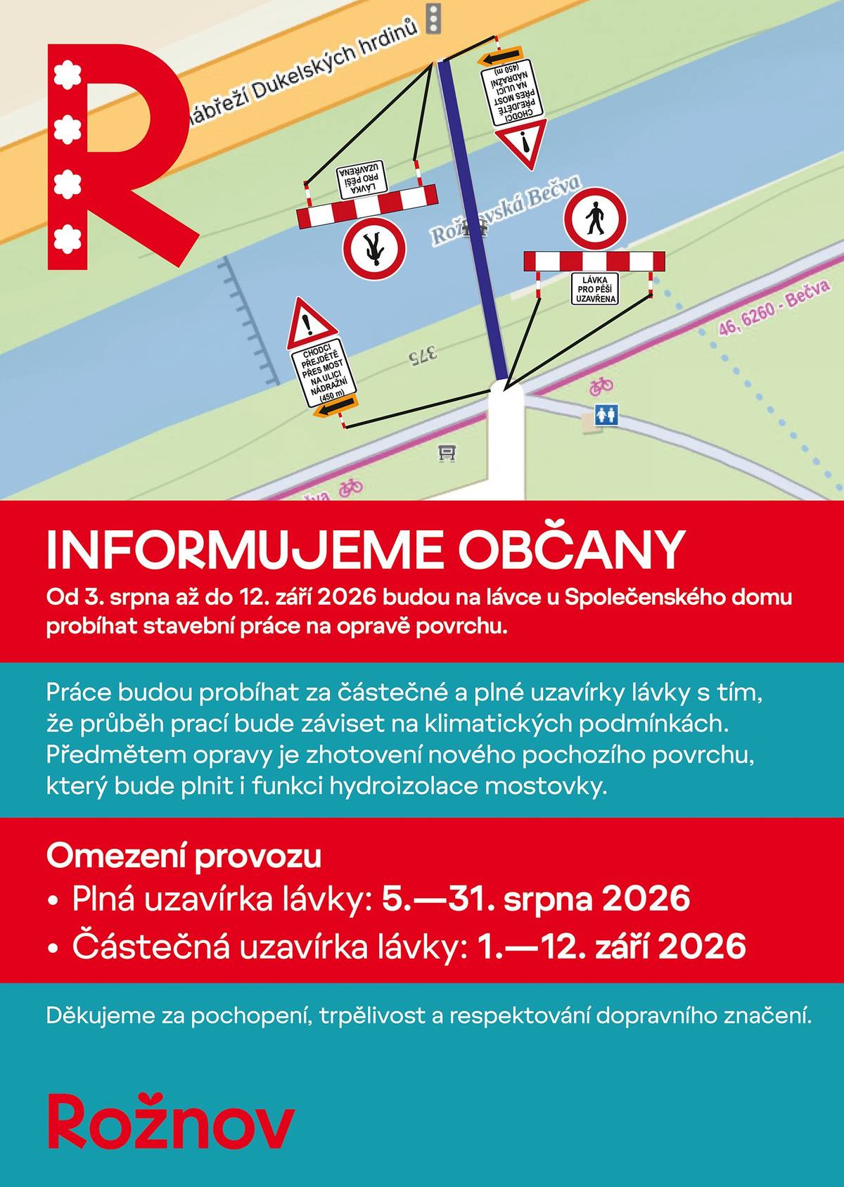 Od 3. srpna do 12. září 2026 bude probíhat oprava povrchu lávky u Společenského domu. Práce přinesou dočasná omezení provozu. 📅 Omezení: 🔴 Plná uzavírka: 5.–31. srpna 🟡 Částečná uzavírka: 1.–12. září (průchod bude zachován jednou polovinou lávky) Opravu jsme naplánovali na období letních prázdnin, aby byla lávka od začátku školního roku opět plně průchozí. ⚠️ Termín dokončení může ovlivnit počasí a technologické postupy 🙏 Děkujeme za trpělivost, pochopení a respektování dopravního značení 🙏