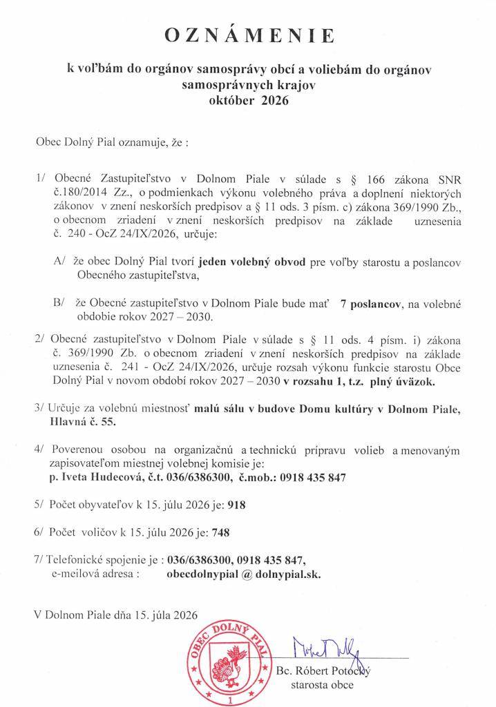 Oznámenie k voľbám do orgánov samosprávy obcí a volieb do orgánov samosprávnych krajov.