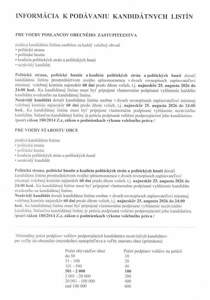 Informácia k podávaniu kandidátnych listí