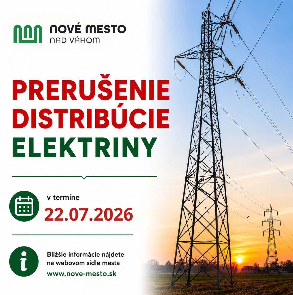 Spoločnosť Západoslovenská distribučná, a.s. oznamuje, že v stredu 22. júla 2026 od 8.00 do 14.00 hod. bude z dôvodu plánovaných prác na distribučnej sústave prerušená dodávka elektrickej energie vo vybraných odberných miestach v lokalitách: 📍 Záhradkárska osada Sihoť 📍 Záhradkárska osada Vieska Prosíme obyvateľov dotknutých lokalít, aby s odstávkou počítali. 👉 Viac informácií vrátane zoznamu dotknutých odberných miest nájdete na webe mesta. Plánované prerušenie distribúcie elektrickej energie 22.7.2026 | www.nove-mesto.sk