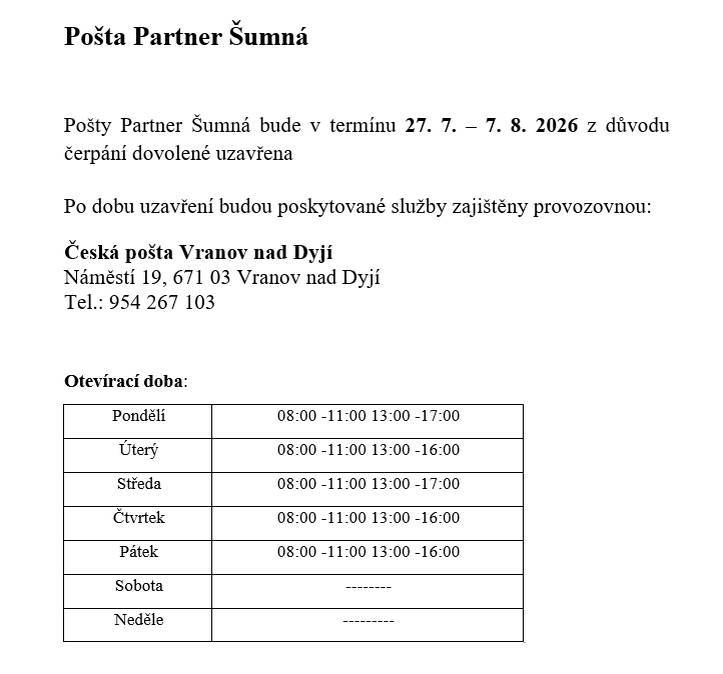Informace o uzavření pošty na Šumné z důvodu čerpání dovolené:
