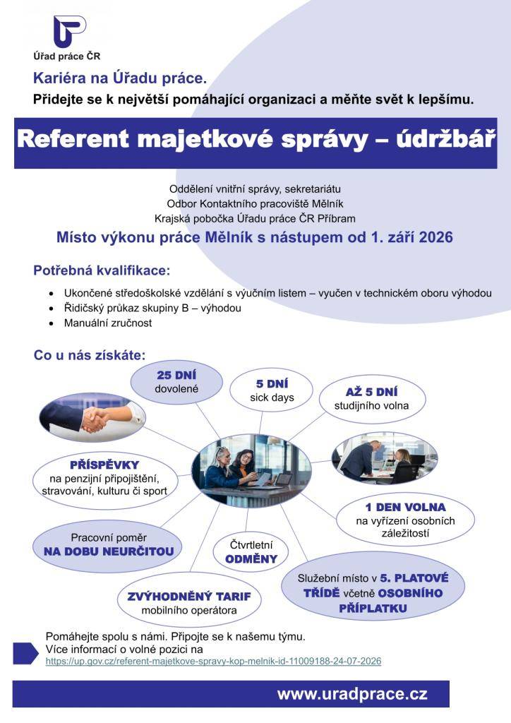 Úřad práce Mělník nabízí volnou pracovní pozici - Referent majetkové správy - údržbář. Místo výkonu práce Mělník s nástupem od 1. září 2026. Více informací o volné pozici na www.uradprace.cz