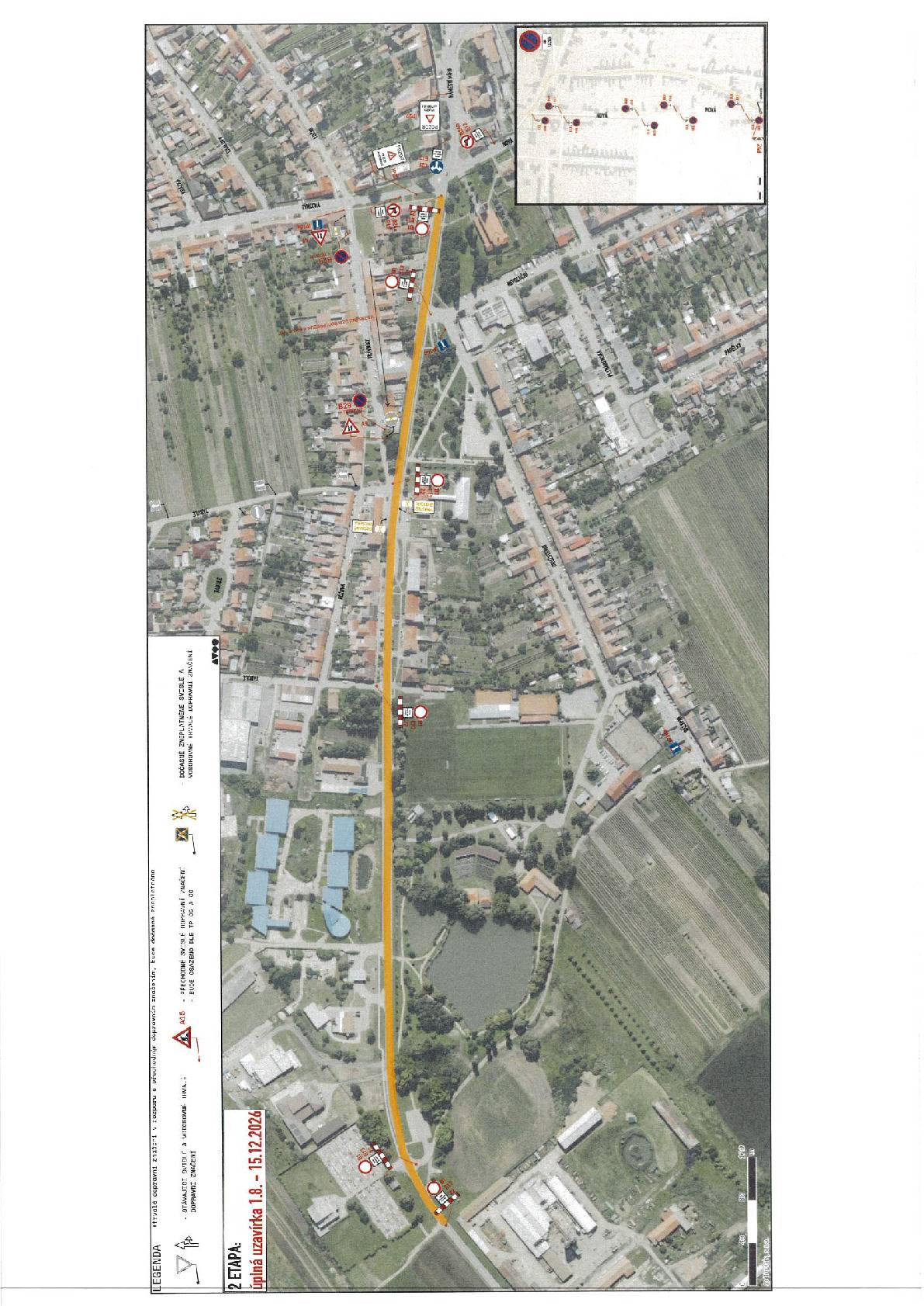 V termínu 1. 8. – 15. 12. 2026, bude provedena úplná uzavírka dotčeného úseku silnice III/4243 v obci Tvrdonice. Uzavřený úsek bude vyznačen na všech příjezdech pomocí zákazového značení, zábran a informačních tabulí. Vjezd do prostoru stavby bude povolen pouze vozidlům stavby a vozidlům s příslušným povolením. Po dobu úplné uzavírky bude doprava vedena po objízdných trasách:  Osobní doprava: Týnec – Hrušky – I/55 Nákladní doprava: Týnec – Moravská Nová Ves – I/55